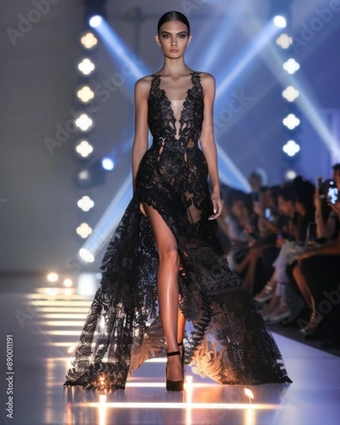 Fototapeta A model walks the fashion runway in a black lace gown with a high slit, illuminated by a dramatic spotlight, capturing the essence of elegance and sophistication.