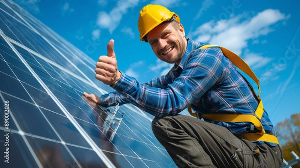 Fototapeta Low angle view portrait of a smiling worker, installing solar batteries, who is standing on ladder at solar plant against blue sky, showing thumb up. Concept of alternative sources of energy