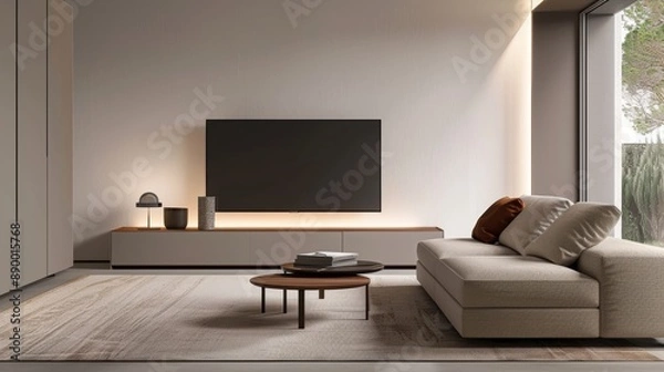 Fototapeta Avant-garde living room design with modular furniture, innovative lighting, and a harmonious blend of natural materials and high-tech elements