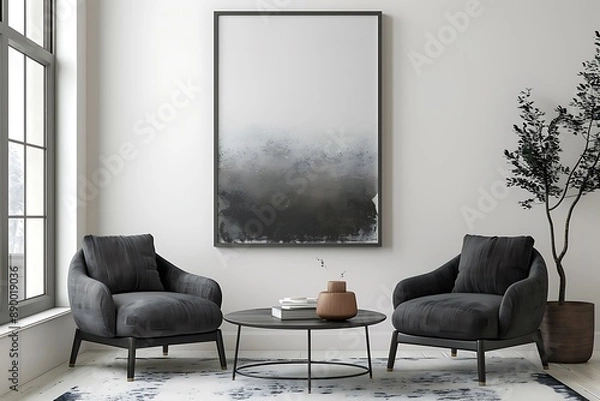 Obraz Harmonious blend of comfort and style, featuring two arm chairs in a modern living room setting a prominent framed poster on a white wall.