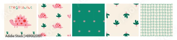 Fototapeta Collection of patterns with dinosaur, plants and abstract elements. Seamless vector pattern with cute dinosaurs for fabric, typography poster, card, label, brochure, flyer, page, banner design. Vector