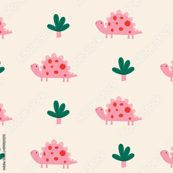 Fototapeta Childish seamless pattern with hand drawn dino in scandinavian style. Dinosaurs .  Colorful Dino design. Perfect for kids fabric, textile, nursery wallpaper. Cute dino design.