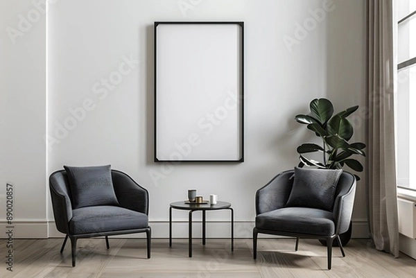 Fototapeta Harmonious blend of comfort and style, featuring two arm chairs in a modern living room setting a prominent framed poster on a white wall.