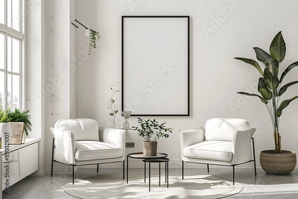 Fototapeta Minimalist yet elegant, a modern living room adorned with two comfortable armchair and a striking framed poster on a white wall.