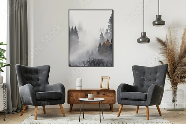 Fototapeta Harmonious blend of comfort and style, featuring two arm chairs in a modern living room setting a prominent framed poster on a white wall.