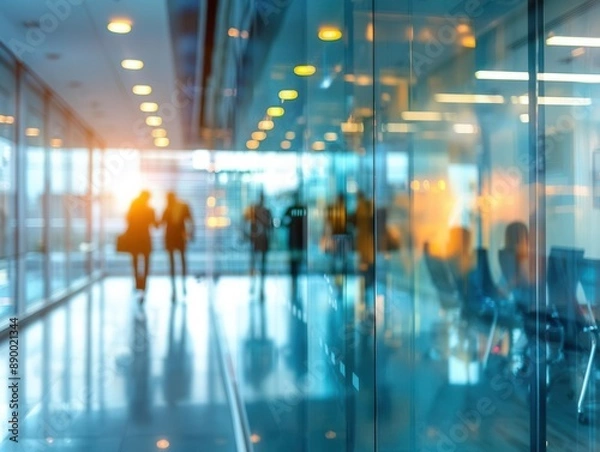 Fototapeta Modern office space, glass walls, sunlight streaming into the building, business people walking and chatting in the background.