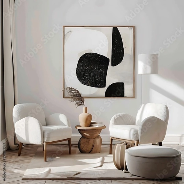 Fototapeta Harmonious blend of comfort and style, featuring two arm chairs in a modern living room setting a prominent framed poster on a white wall.