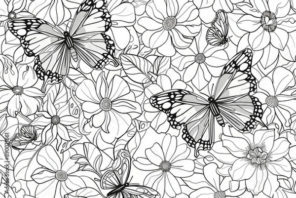 Fototapeta Mindfulness Coloring: Butterflies and Flowers Seamless Pattern Page | Coloring page for relaxation and creativity, ideal for stress relief coloring for both toddlers and adults.
