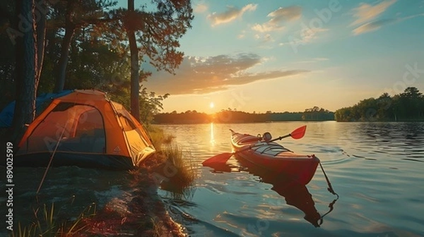Fototapeta  A tranquil camping scene with a kayak on the river, a tent set up on the bank, and the sun setting in the background. 
