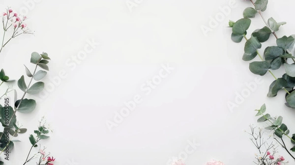 Fototapeta Eucalyptus leaves on light white background with space for text in the middle