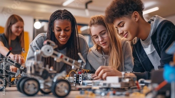 Fototapeta High school multicultural students participating in a robotics competition preparation, engineering skills and creativity. The future of technology the collaborative spirit for success in STEM fields