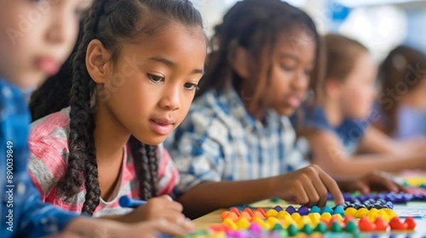 Fototapeta Asian black girl in a classroom setting, diverse young students concentrate on a math exercise involving vibrant manipulatives, the value of tactile learning tools in understanding of mathematics