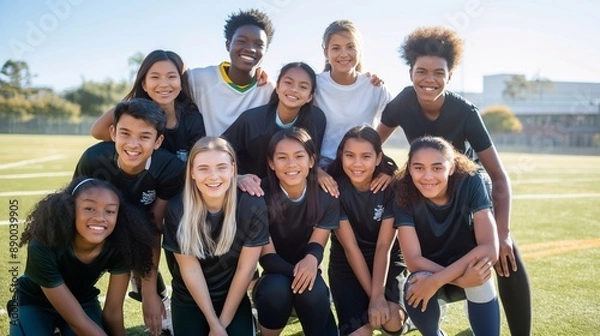 Fototapeta A diverse group of happy middle school students posing together on a sunny sports field, showcasing their camaraderie and team spirit in their sports uniforms.