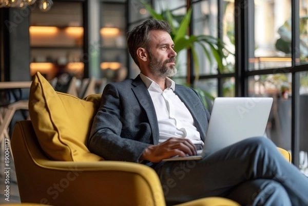 Obraz thoughtful businessman looking away while sitting with laptop on comfortable seat at flexible workplace.