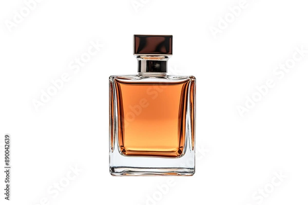 Obraz A Square Bottle of Amber Perfume Reflecting Light on a White Background on a Clear PNG or White Background.