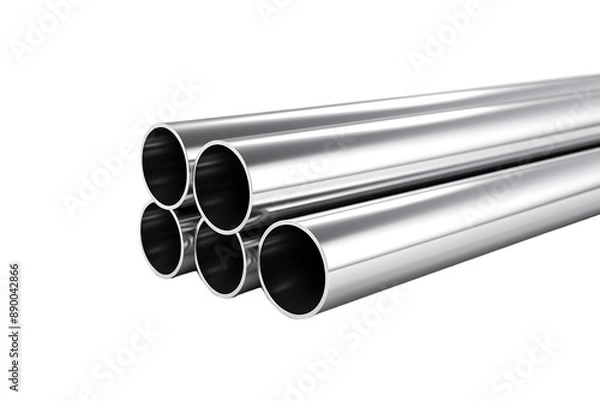 Fototapeta A Stack of Shiny Steel Pipes Reflecting Light Against a White Background on a Clear PNG or White Background.