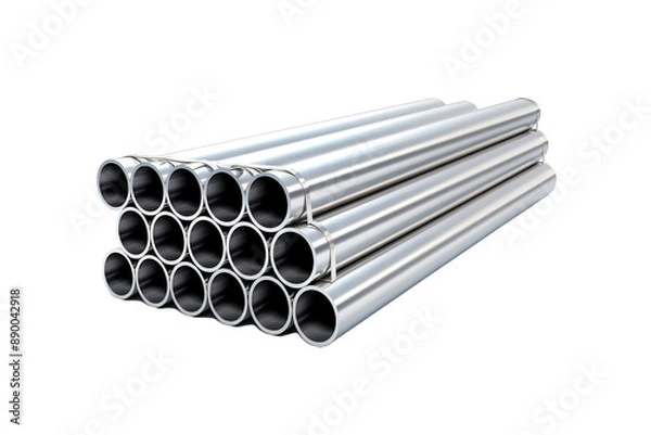Obraz A Stack of Shiny Steel Pipes Under A White Light on a Clear PNG or White Background.