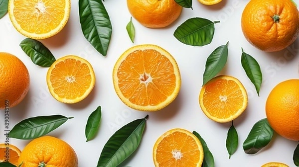 Fototapeta Fresh Sliced orange fruit and green leaf flying in the air isolated on white background,Summer fresh citrus fruits as design element for advertising, card, poster,Flat lay.
