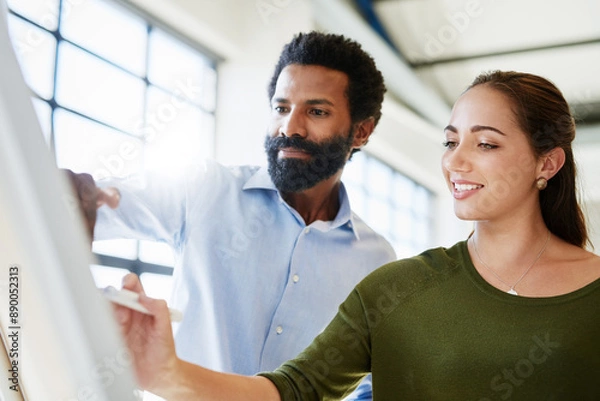Fototapeta Team, business people and brainstorming on whiteboard for writing creative ideas or planning. Diversity, man and woman in collaboration for startup project or strategy with public relations manager
