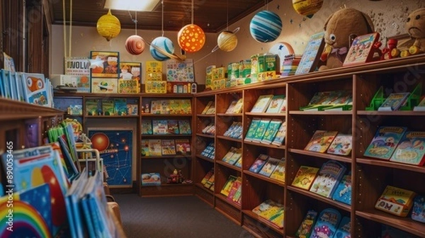 Fototapeta Create an image of a classroom corner decorated with a toy solar system hanging from the ceiling, and educational games neatly arranged on low shelves accessible to children.
