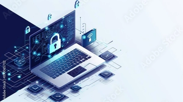Fototapeta digital data security illustration with laptop theme and padlock icon and technology background