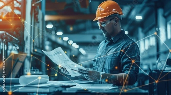 Fototapeta Industrial Engineer Reviewing Blueprints for Construction Project - A skilled engineer in a hard hat and safety glasses, meticulously reviewing blueprints in a bustling industrial setting. The image s