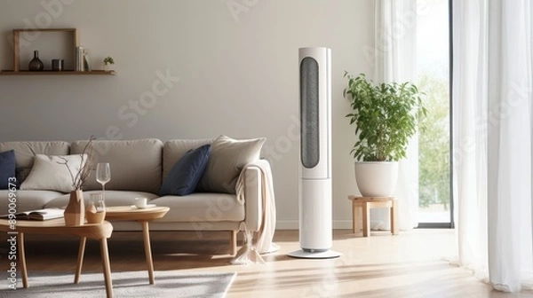 Fototapeta Modern Living Room with Sleek Tower Fan for Cooling Comfort - A contemporary living room featuring a minimalist white couch, a stylish tower fan, a potted plant, and natural light streaming through th