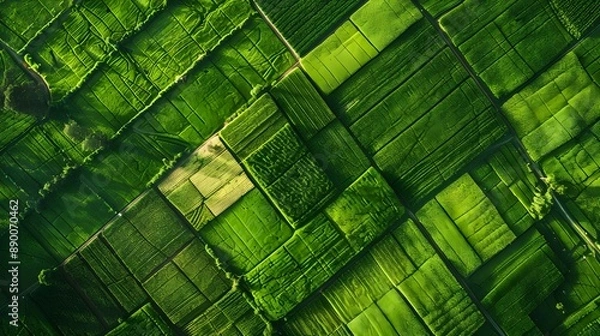 Fototapeta Aerial view of green fields, crops, and harvests