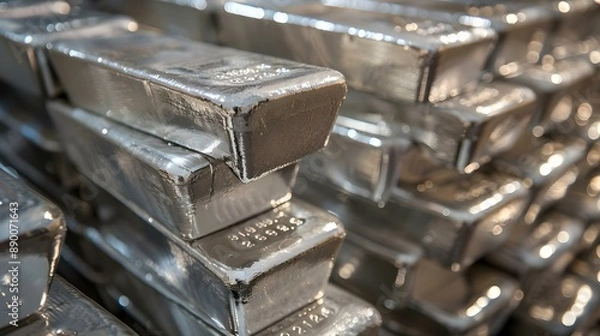 Fototapeta Close-Up Image of Lustrous Silver Bar Stack