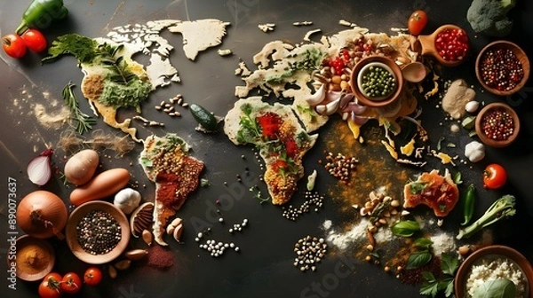 Obraz Global cuisine diversity map made of food ingredients