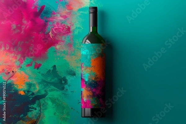 Obraz Wine Bottle With Abstract Paint Splatter Design on Teal Background