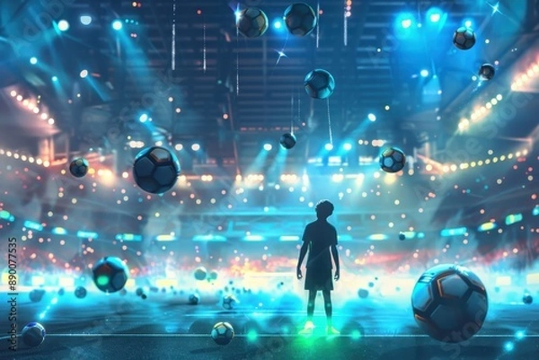 Fototapeta Sports Fanatic in a Fantasy Stadium with Floating Equipment - Dynamic Sports Environment with Glowing Soccer Ball Ready to Play