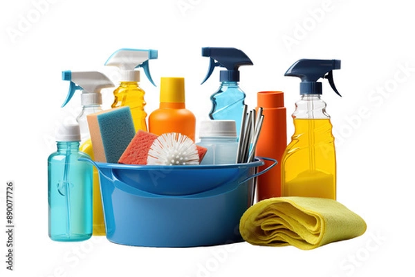 Obraz A Colorful Array of Cleaning Supplies Ready For Action on a Clear PNG or White Background.