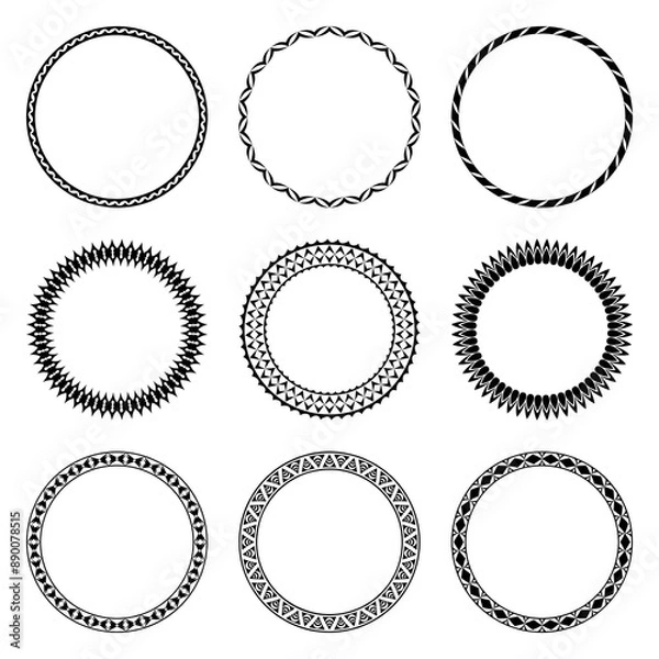 Fototapeta Vector collection of round black frames isolated on white background. Set of circles, simple geometric patterns. For the design of plates, vignettes, albums, greeting cards, printing on paper, textile