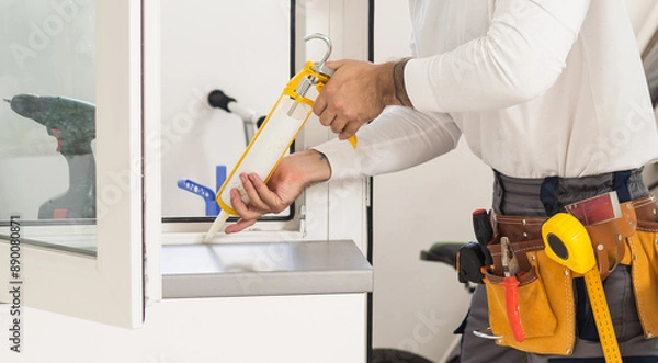 Fototapeta Construction worker sealing window with caulk indoors