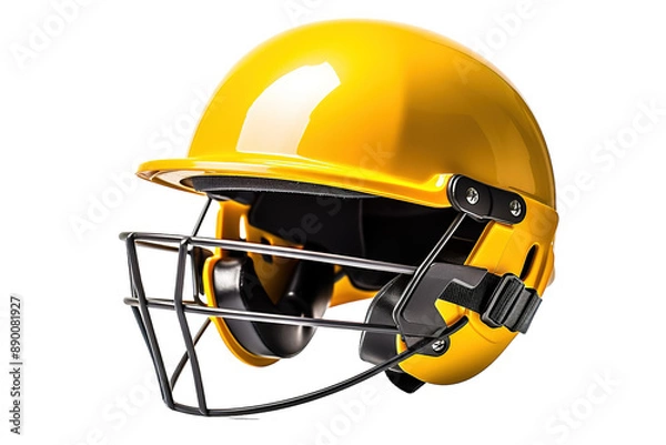 Obraz A Shiny Yellow Cricket Helmet With a Protective Cage on a Clear PNG or White Background.