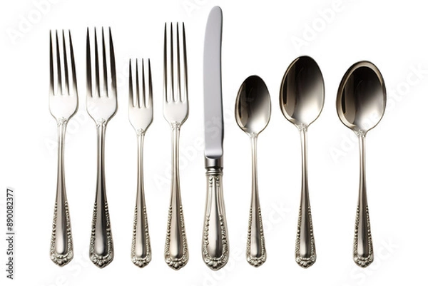 Obraz A Symphony of Silver: A Polished Set of Forks, Spoons, and a Knife Against a Pristine White Background on a Clear PNG or White Background.
