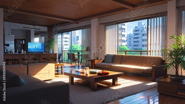 Obraz a living room with a couch and a table with a view of the city