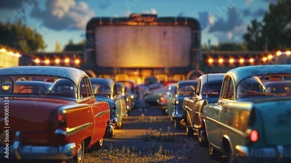 Fototapeta A nostalgic drive-in movie theater with rows of vintage cars parked in front of a large outdoor screen, illuminated by the glow of flickering movie reels and popcorn vendors.
