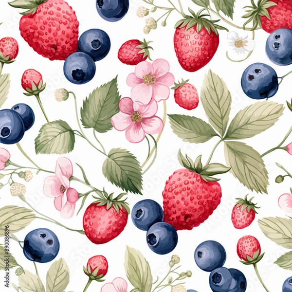 Fototapeta Berries Pattern Background Watercolor Vector Illustration.