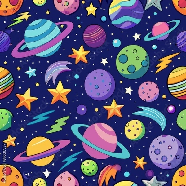 Fototapeta seamless pattern of cosmic-inspired ogee designs with stars, planets, and galaxies, Generative AI