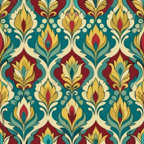 Fototapeta seamless pattern of floral ogee patterns in vintage-inspired colors like teal, mustard, and burgundy, Generative AI
