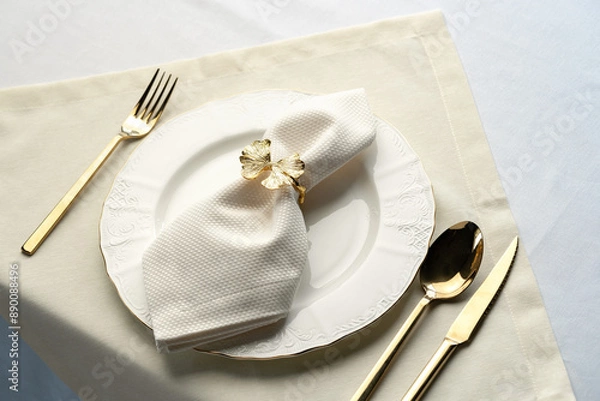 Obraz Gold Leaf Napkin Ring on White Plate and Placemat