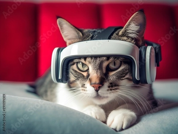 Fototapeta A cat Wearing Virtual Reality Glasses. AI generated
