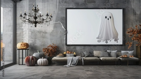 Fototapeta Stylish wall frame mockup featuring a ghostly chandelier in a high-end modern home with Halloween decor.