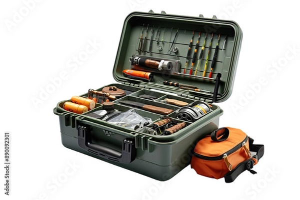 Obraz An Angler's Arsenal: A Well-Equipped Tackle Box Ready for the Day's Catch on a Clear PNG or White Background.