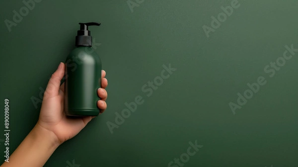 Fototapeta Hand holding a pump bottle of shampoo Mockup Packaging Dark Green Generative AI