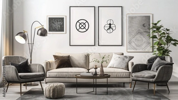 Obraz Modern wall frame mockup with eerie witchcraft symbols in a sophisticated, upscale living room.