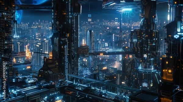 Fototapeta Experience a 360° VR journey through a stunning, futuristic cityscape filled with advanced tech!