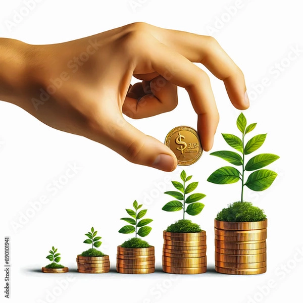 Obraz Man's hand placing silver coins on coins and trees growing on piles of coins, finance, business, investment, and growth concepts